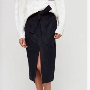 Aritzia Wilfred Tie-Front High-waisted, belted pencil skirt Black Pin Stripe